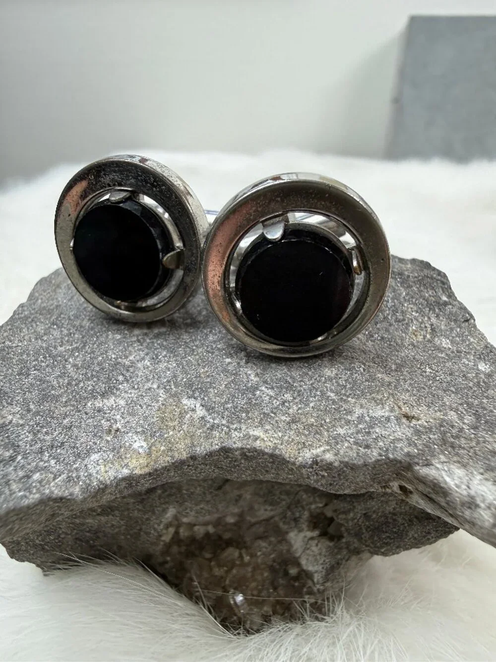 Vintage Anson Black Glass Oval Silver Tone Cuff Links Cufflinks MCM .75